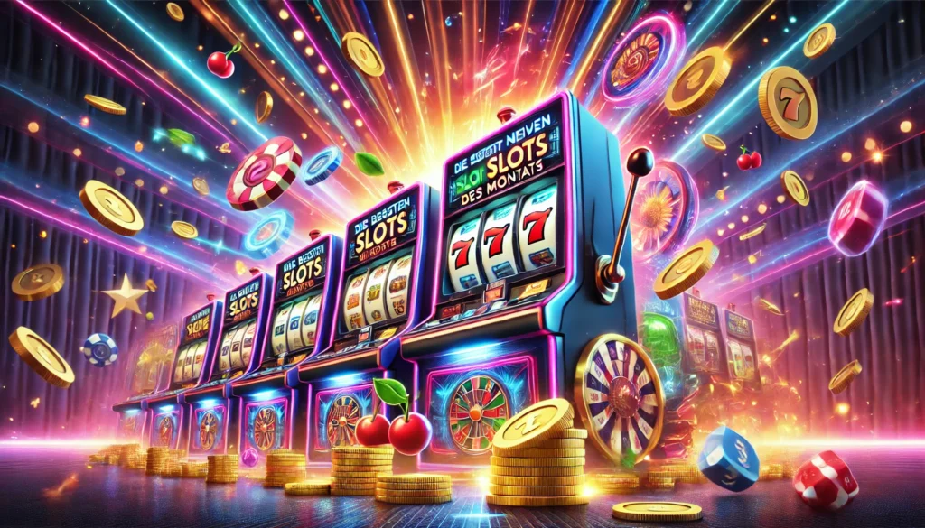 DALLE 20250327 122114 A vibrant and eyecatching 169 banner image for a blog post titled Die besten neuen Slots des Monats The best new slots of the month The image f Gute Slots kostenlos spielen